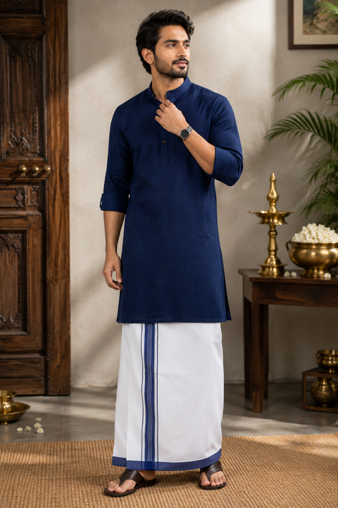 Woven Cotton Kerala Mundu / Dhoti in White ( 3.75 mtrs )Kurta not included,slight variation is possible