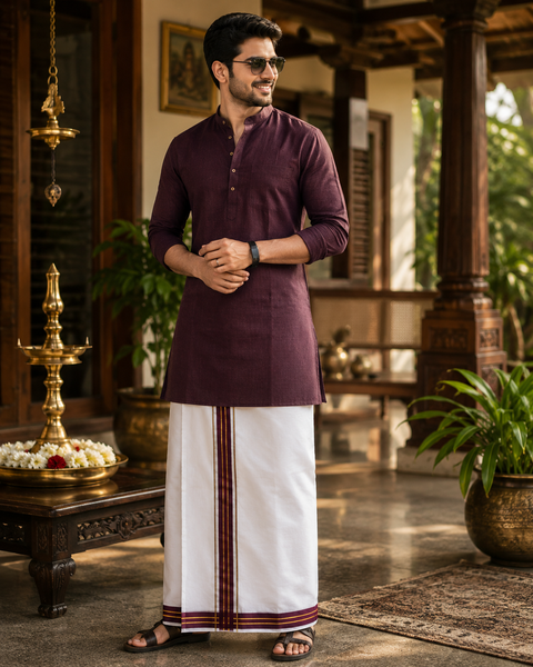 Woven Cotton Kerala Mundu / Dhoti in White ( 4 mtrs )Kurta not included,slight variation is possible