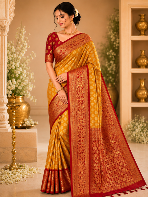 Art Silk Based beautiful design Saree with contrast Pallu (blouse is attached to Saree ) slight variation in color and design is possible )