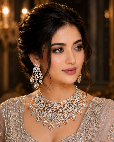 (video clip attached )Golden color Beautiful and elegant look Bridal/Semi Bridal American diamonds studded Heavy work necklace with beautiful earrings Note :- original AD stones  not fake plastic stones )