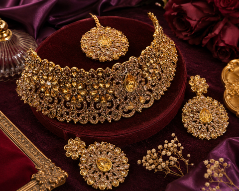 Golden color Jerkan Stone Beautiful choker Necklace Set(slight variation in color and design is possible)