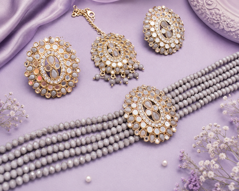 Pearls With Original Mirror Work Choker Set With studs & Tikka(slight variation in color and design is possible )