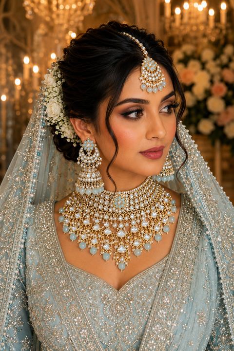 Kundan with pearls work beautiful heavy work Choker necklace with designer Jhumka Earrings and Tikka (slight variation in color and design is possible)
