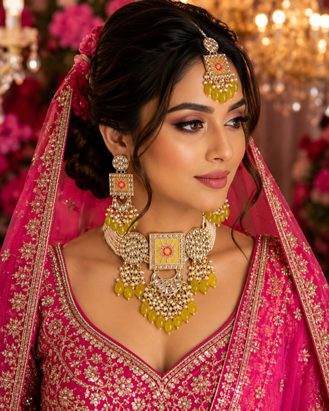 Meenakari with Kundan studded & pearls work designer heavy work Choker Necklace set with beautiful Earrings & Tikka(slight variation in color and design is possible)