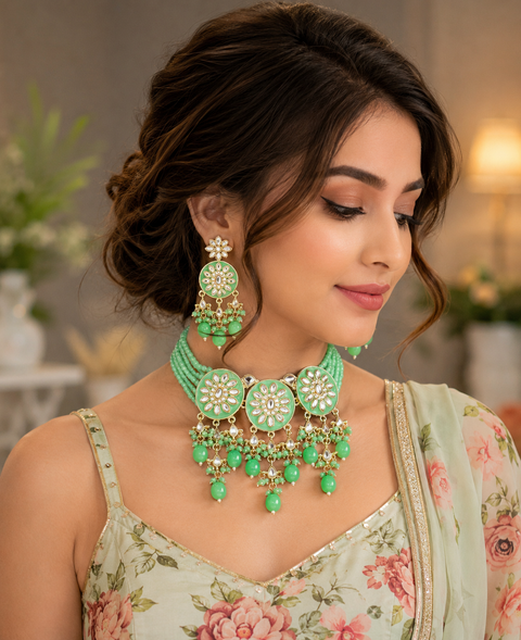 Meenakari with Kundan studded & pearls work designer Choker Necklace set with lite weight Earrings