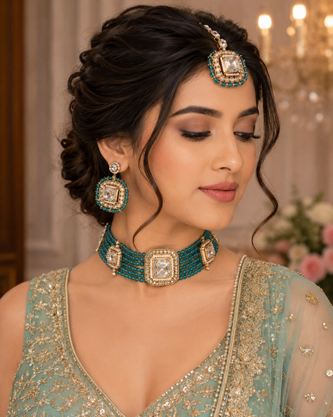 Pearls beaded with Kundan stone beautiful choker necklace with Earrings & Tikka