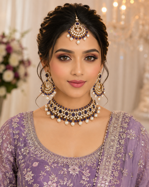 Pearls beaded with Kundan stone beautiful choker necklace with Earrings & Tikka(slight variation in color and design is possible)