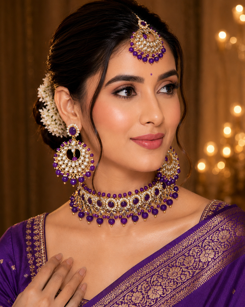 Pearls beaded with Kundan stone beautiful choker necklace with Earrings & Tikka(slight variation in color and design is possible)