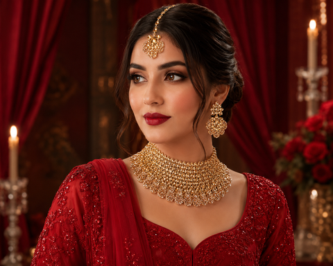 Golden Jerkan Stone Beautiful Necklace Set (slight variation in color and design is possible)