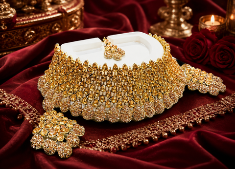 Golden Jerkan Stone Beautiful Necklace Set (slight variation in color and design is possible)