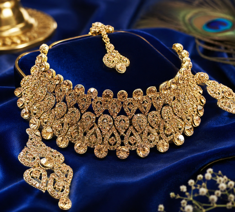 Golden Jerkan Stone Beautiful Necklace Set (slight variation in color and design is possible)