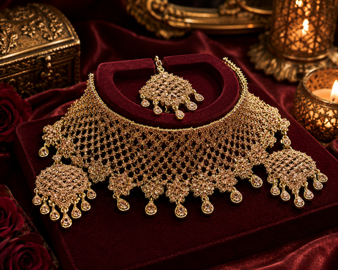 Golden Jerkan Stone Beautiful Necklace Set (slight variation in color and design is possible)