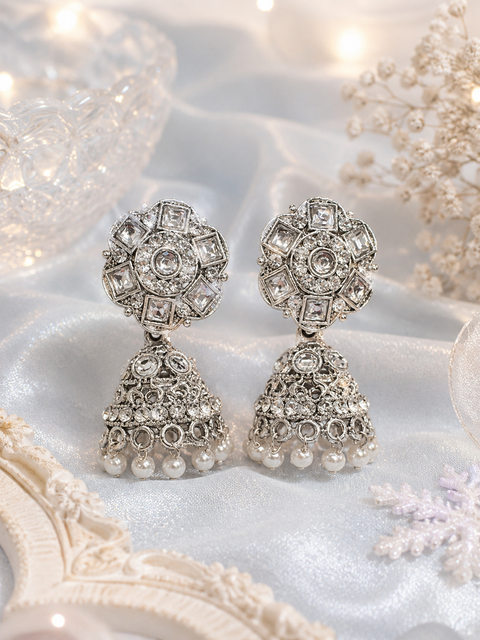 Silver stone with pearls oxidised Jhumka