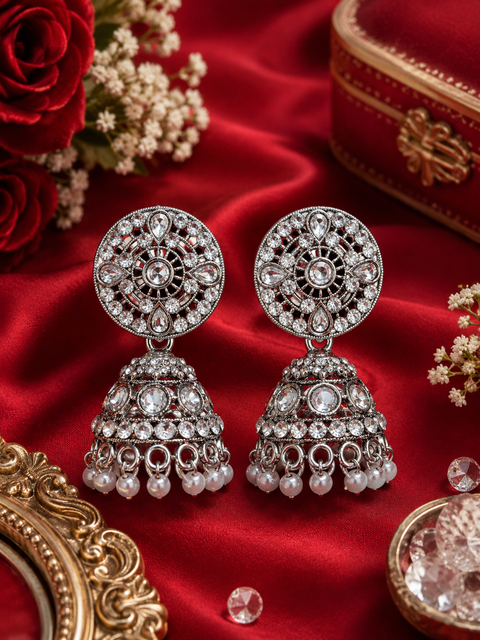 Silver stone with pearls oxidised Jhumka