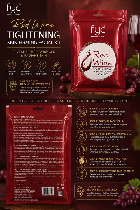 Red Wine Facial Kit Pouch| 5 Step Facial Kit for Skin Tightening, Repair & Anti-Aging | Glowing & Youthful Skin | 55g | Salon-Style Facial at Home | Suitable for All Skin Types