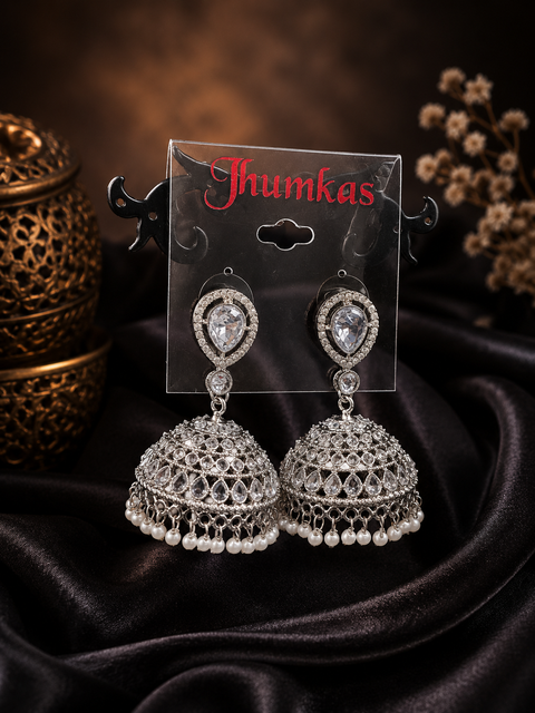 Silver color original Polki design stone with pearls hanging Jhumka