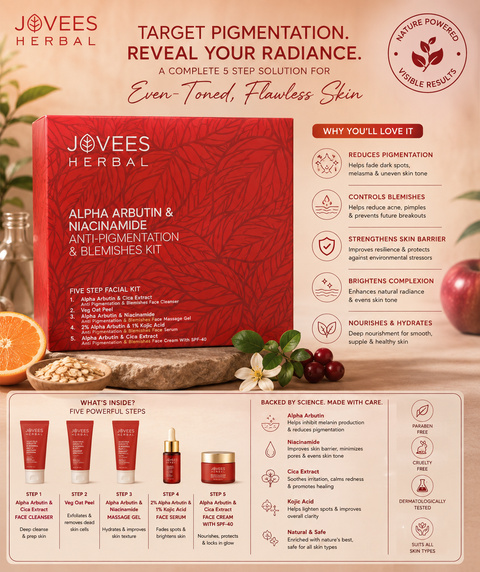 Jovees Herbal Alpha Arbutin & Niacinamide Anti Pigmentation & Blemishes Facial Kit For Pigmentation, Blemishes & Improves Uneven Skin Tone with 5 Easy Steps- Multiple Use