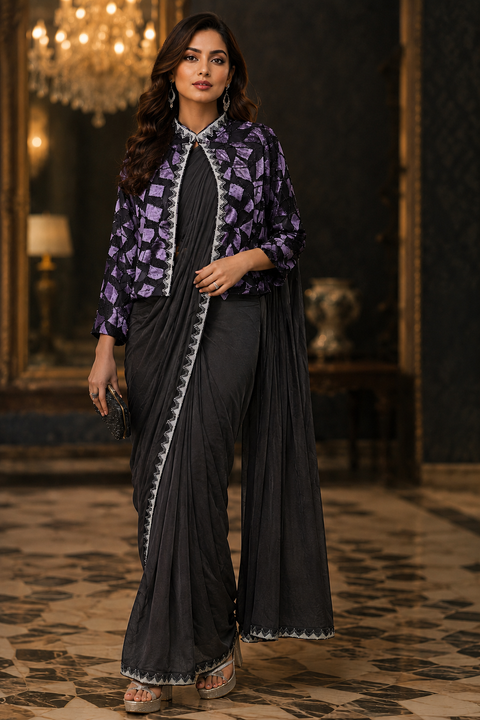 Velvet cut work design with Readymade saree and stonework design Jacket(slight variation in color and design is possible )