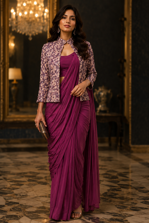 Lycra Blouse with Readymade saree and Malmal Georgette sequined work Floral design Jacket(slight variations in color and design is possible)