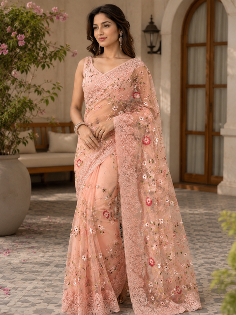 Netting based embroidery jaal all over with stone work designer saree(blouse piece worn by model is for reference only, blouse piece attached to Saree) slight variation in color and design is possible)