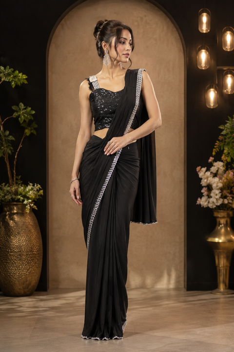 Size 38( Upto 40) Sequinned work designer readymade blouse with Readymade Saree(slight variation in color and design is possible)