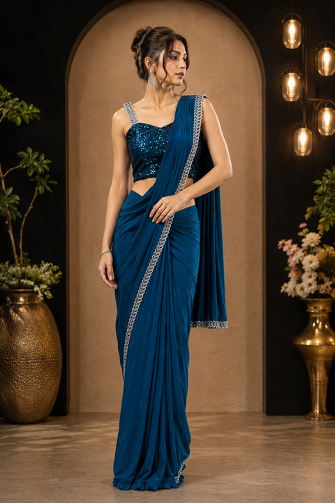 Size 38( Upto 40) Sequinned work designer readymade blouse with Readymade Saree(slight variation in color and design is possible )