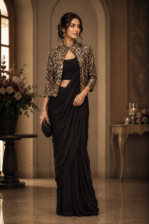 Lycra Blouse with Readymade saree and Malmal Georgette sequined work Floral design Jacket (slight variation in color and design is possible )