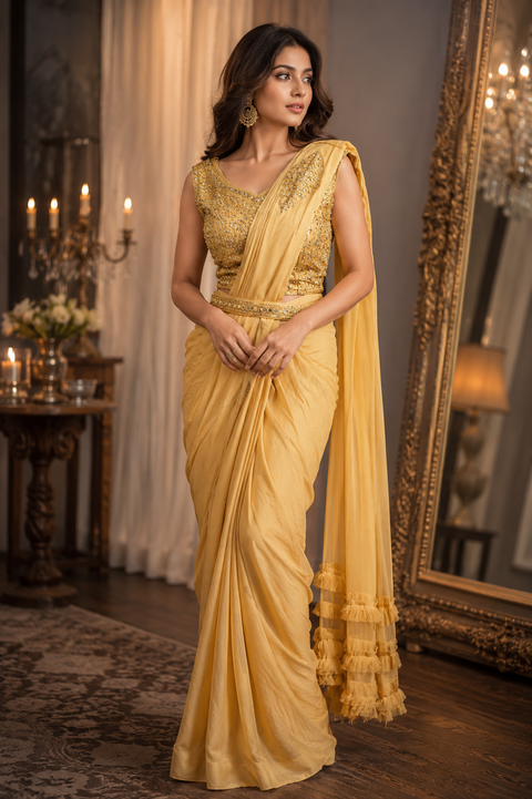 Size (40 (upto 42)Golden colour netting based handwork with fine stones with pearls  & mirror work beautiful designer blouse with readymade saree(slight variation in color and design is possible)