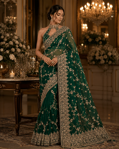 Green Heavy work designer Saree with netting base fabric and stones work design all over with heavy embroidery.The Blouse Worn By The Model Is For Reference Purposes Only. The Actual Blouse Piece Comes Attached With Saree(Slight Variations Are Possible)