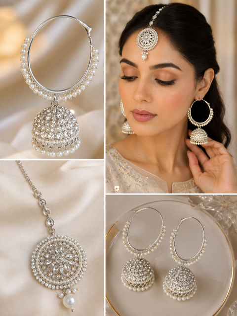 Silver stone with pearls work beautiful Jhumka Balian big size with Tikka