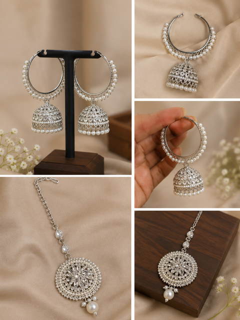 Silver stone with pearls work beautiful Jhumka Balian big size with Tikka