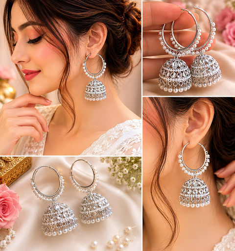 Silver stone with pearls work beautiful Jhumka Balian big size with Tikka