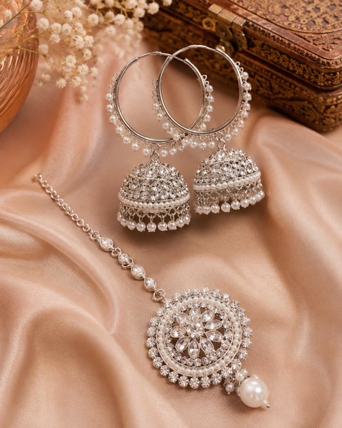 Silver stone with pearls work beautiful Jhumka Balian big size with Tikka