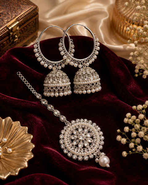 Silver stone with pearls work beautiful Jhumka Balian big size with Tikka