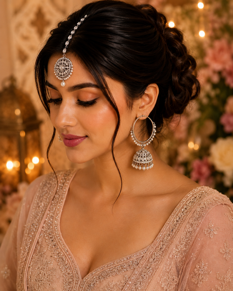 Silver stone with pearls work beautiful Jhumka Balian big size with Tikka
