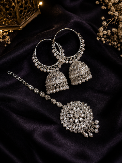 Silver stone with pearls work beautiful Jhumka Balian big size with Tikka