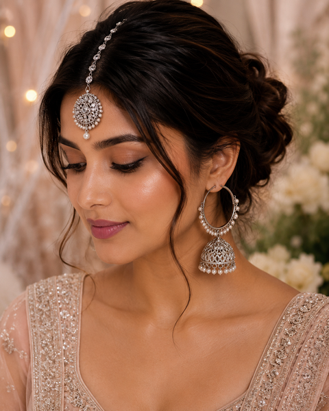 Silver stone with pearls work beautiful Jhumka Balian big size with Tikka