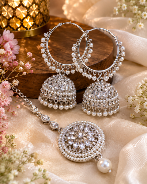 Silver stone with pearls work beautiful Jhumka Balian big size with Tikka (slight variation in design is possible )