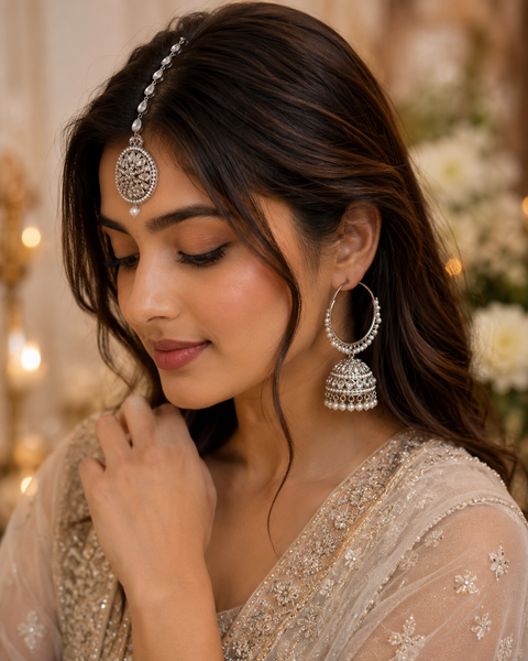 Silver stone with pearls work beautiful Jhumka Balian big size with Tikka (slight variation in design is possible )