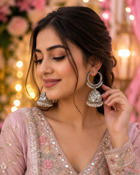 Silver stone with pearls work beautiful Jhumka Balian big size