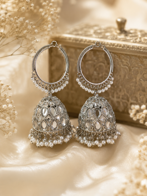 Silver stone with pearls work beautiful Jhumka Balian big size