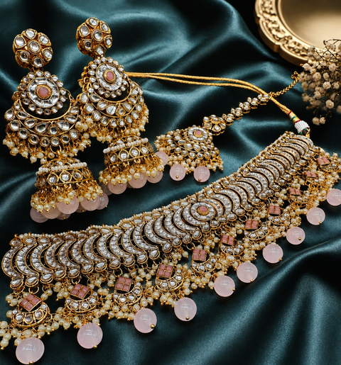 Kundan with pearls work beautiful heavy work choker necklace with designer Jhumka Earrings and Tikka