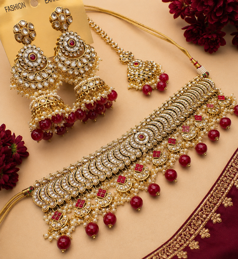 Kundan with pearls work beautiful heavy work choker necklace with designer Jhumka Earrings and Tikka