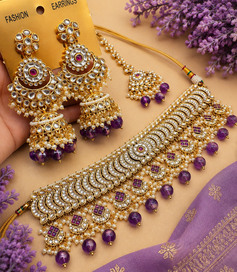 Kundan with pearls work beautiful heavy work choker necklace with designer Jhumka Earrings and Tikka