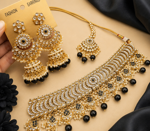 Kundan with pearls work beautiful heavy work choker necklace with designer Jhumka Earrings and Tikka