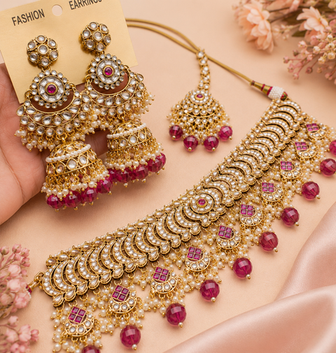 Kundan with pearls work beautiful heavy work choker necklace with designer Jhumka Earrings and Tikka