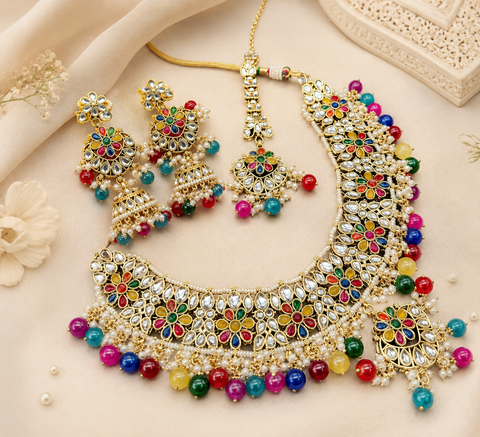 Kundan with pearls work beautiful heavy work necklace with designer Jhumka Earrings and Tikka