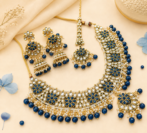 Kundan with pearls work beautiful heavy work necklace with designer Jhumka Earrings and Tikka