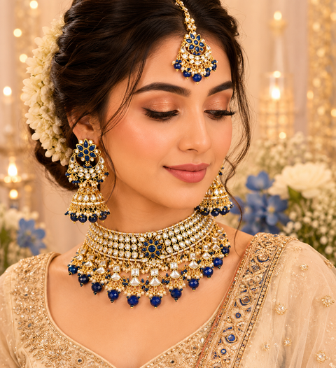 Kundan with pearls work beautiful heavy work necklace with designer Jhumka Earrings and Tikka
