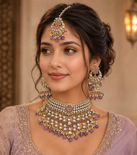 Kundan with pearls work beautiful heavy work necklace with designer Jhumka Earrings and Tikka